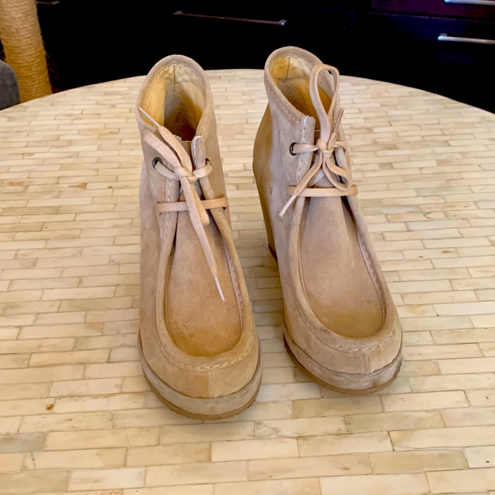 APC suede moccasin wedge ankle boots. Tan.